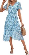 PRETTYGARDEN Women's Floral Boho Dress Wear To Work Wrap V Neck Short Sleeve Belted Ruffle Hem A-Line Flowy Maxi Dresses