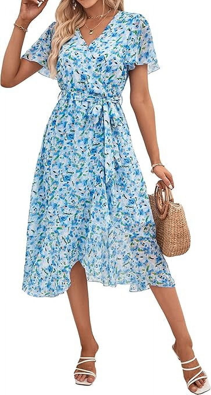 PRETTYGARDEN Women's Floral Boho Dress Wear To Work Wrap V Neck Short Sleeve Belted Ruffle Hem A-Line Flowy Maxi Dresses