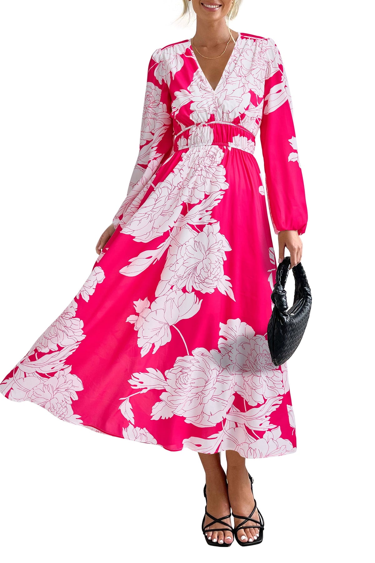 PRETTYGARDEN Women's Spring Floral Midi Dress Casual Fall V Neck Long Sleeve Flowy Beach Wedding Guest Vacation Dresses