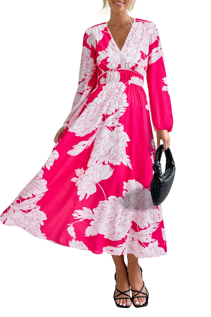 PRETTYGARDEN Women's Spring Floral Midi Dress Casual Fall V Neck Long Sleeve Flowy Beach Wedding Guest Vacation Dresses