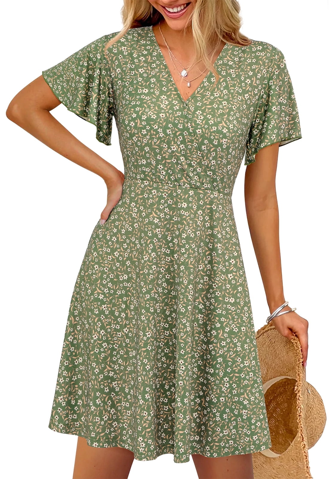 PRETTYGARDEN Women's Summer Sundress Spring Short Sleeve V Neck Swiss Dot Midi Boho Long Dresses Wedding Guest Dress