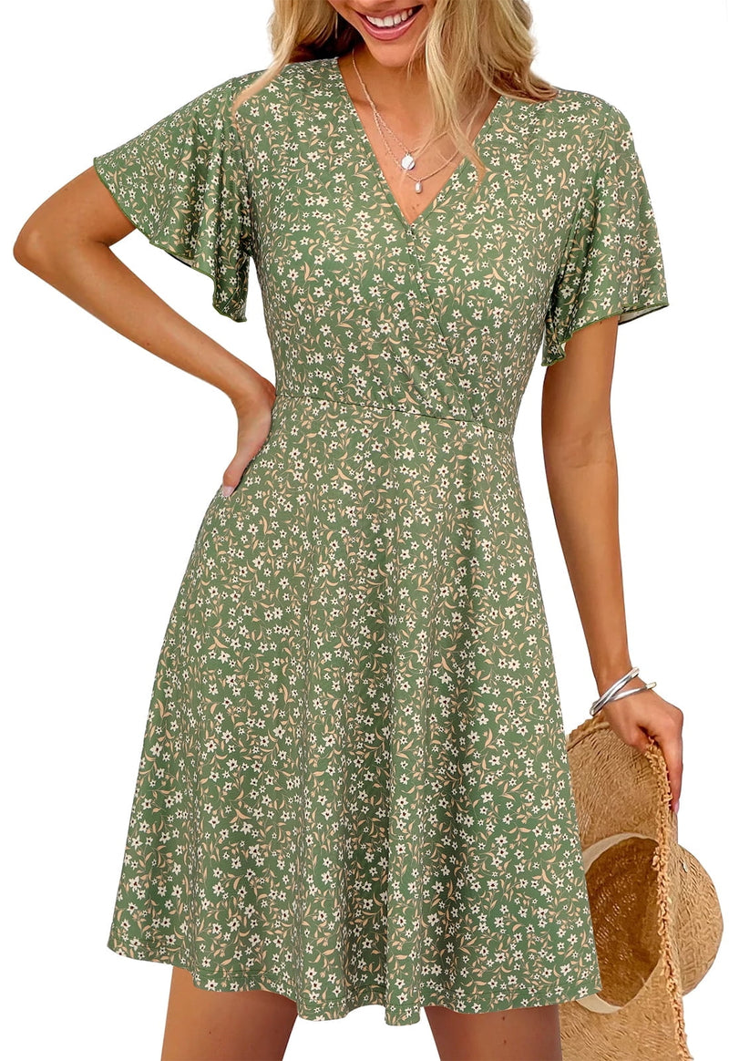 PRETTYGARDEN Women's Summer Sundress Spring Short Sleeve V Neck Swiss Dot Midi Boho Long Dresses Wedding Guest Dress