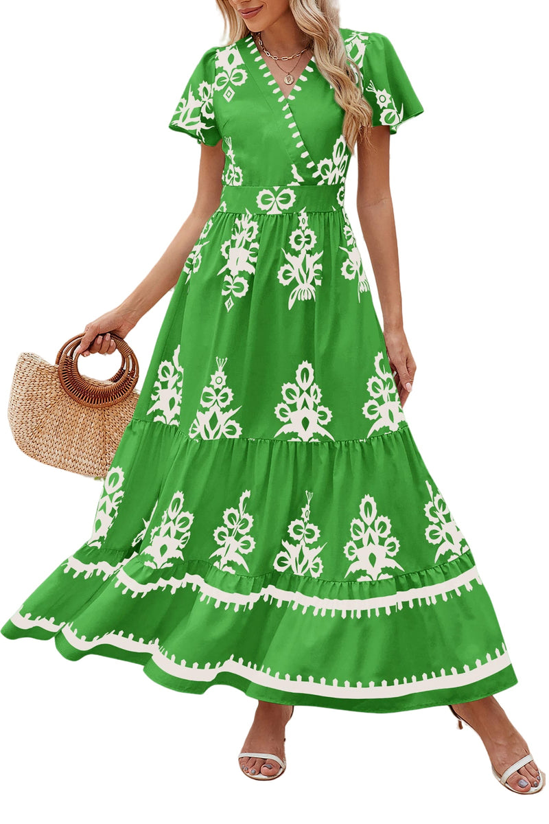 PRETTYGARDEN Womens Summer Casual V Neck Boho Maxi Dress Flowy Aline Bell Sleeve Tiered Floral Dresses with Pocket