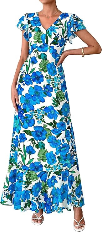 PRETTYGARDEN Womens Summer Floral Maxi Dresses Spring Short Sleeve Ruffle V Neck Flowy Boho Long Beach Vacation Sundress