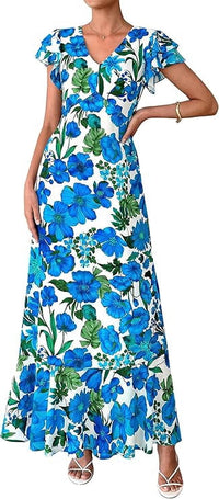 PRETTYGARDEN Womens Summer Floral Maxi Dresses Spring Short Sleeve Ruffle V Neck Flowy Boho Long Beach Vacation Sundress