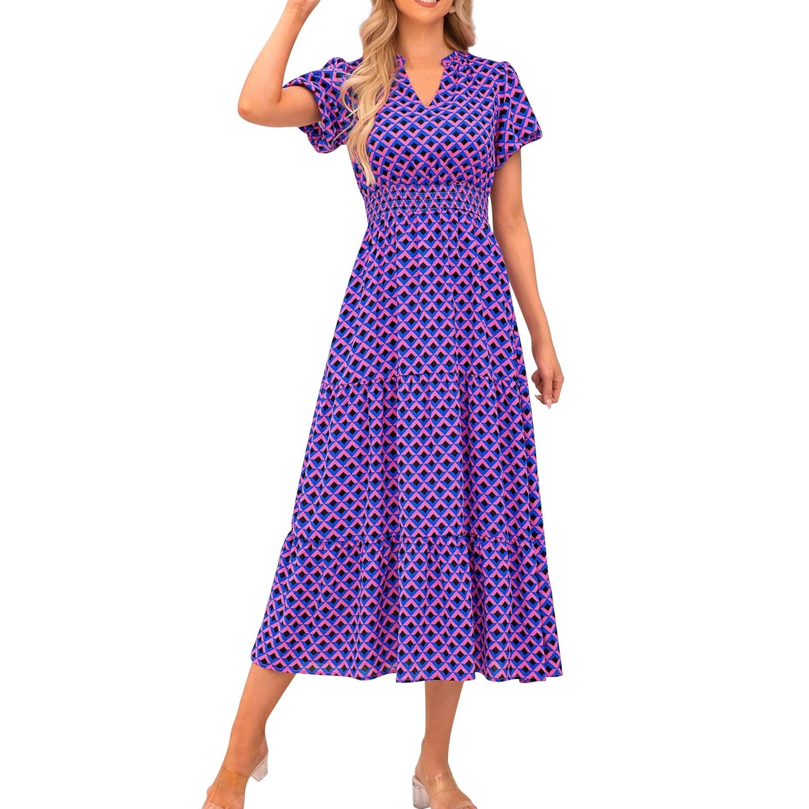 Ruyang Boho Maxi Dress Women's Summer Casual Dress V Neck Short Sleeve Ruffle Ruched Beach Boho Long Floral Maxi Sundress
