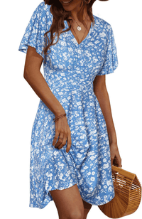 UVN Summer Dresses for Women Short Sleeve V Neck A-Line Midi Dress Boho Beach Floral Print Sundress