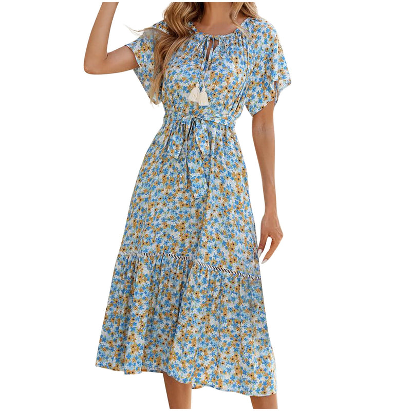 ZQUUVOU Women's Summer Boho Dress Printing Floral Wrist Tie Short Sleeve Maix Dress Blue,XL