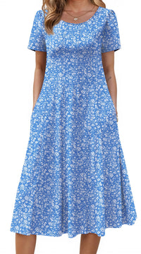 Fantaslook Summer Dresses for Women Casual Short Sleeve Pleated Dress Flowy Floral Dress with Pockets Flare Midi Sundress