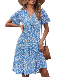 UVN Summer Dresses for Women Short Sleeve V Neck A-Line Midi Dress Boho Beach Floral Print Sundress