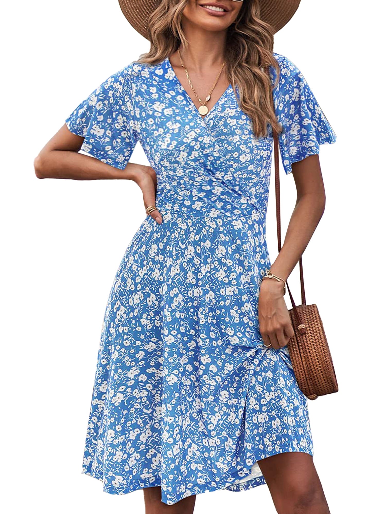 UVN Summer Dresses for Women Short Sleeve V Neck A-Line Midi Dress Boho Beach Floral Print Sundress