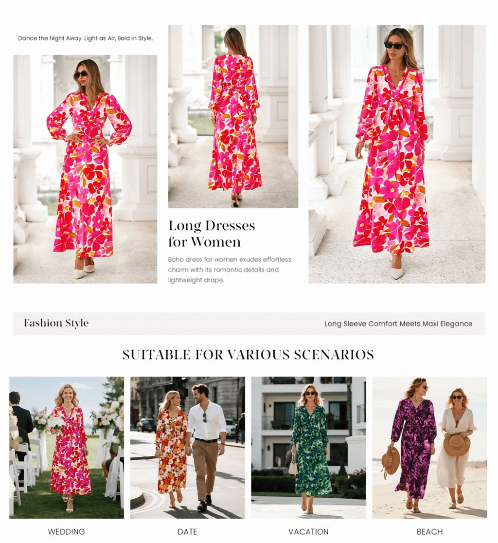 PRETTYGARDEN Women's Fall Boho Maxi Dress Floral Long Sleeve V Neck Flowy Belted Elegant Holiday Party Dresses