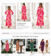 PRETTYGARDEN Women's Fall Boho Maxi Dress Floral Long Sleeve V Neck Flowy Belted Elegant Holiday Party Dresses