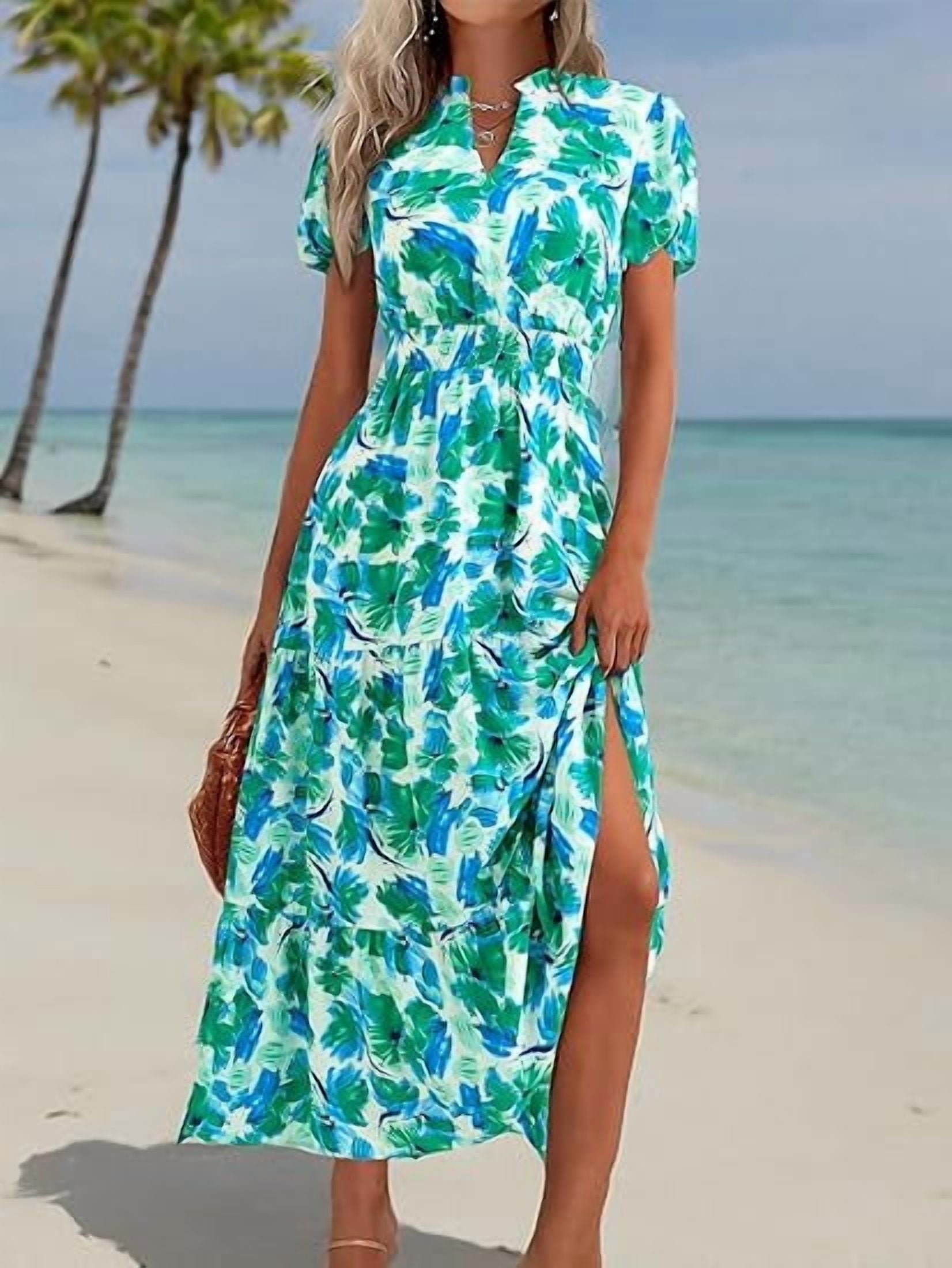 PRETTYGARDEN Summer Maxi Dress for Women Casual Wear To Work V Neck Puff Short Sleeve Smocked Ruffle Flowy Beach Boho Long Floral Dress