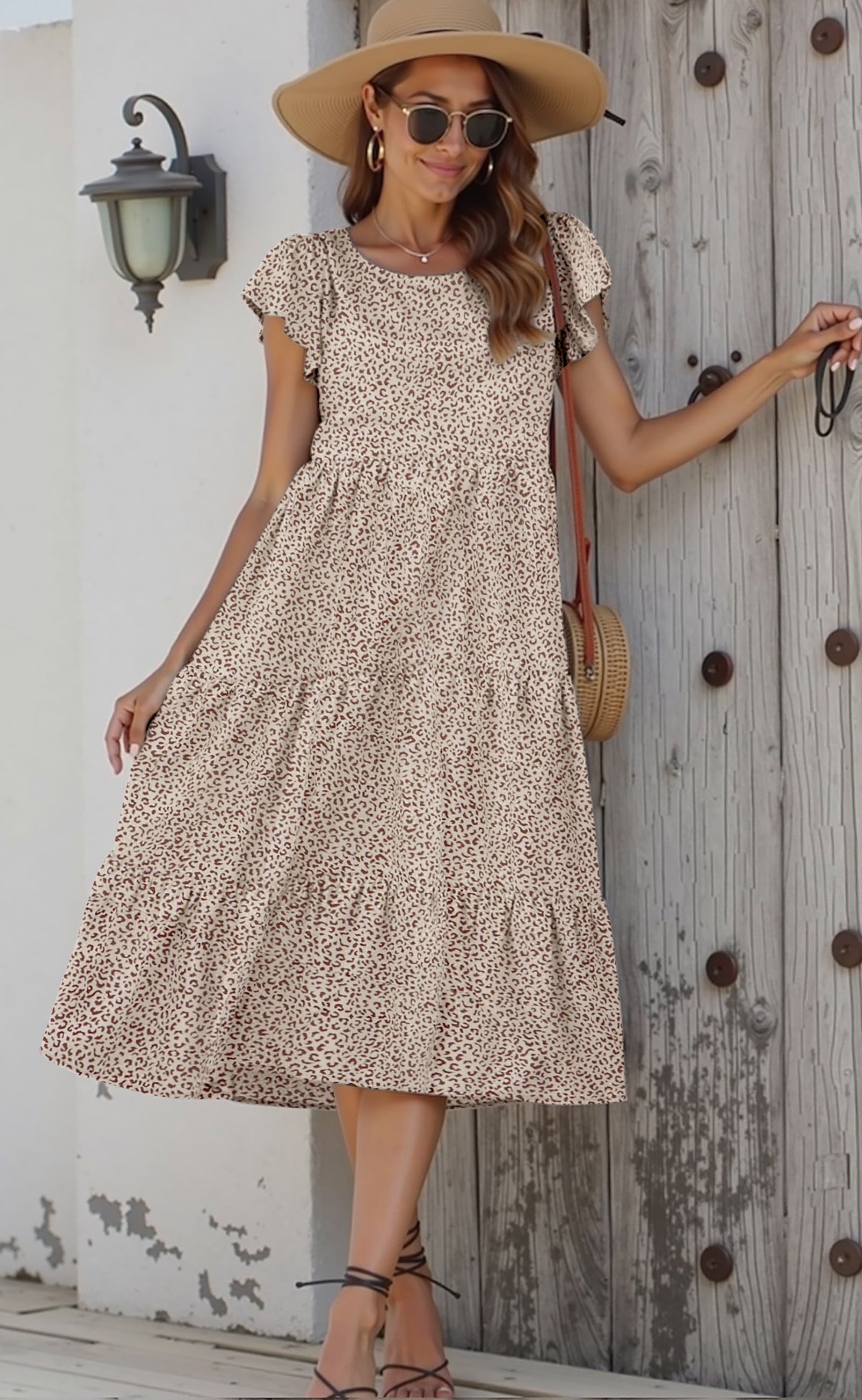 Fantaslook Dresses for Women Summer Casual Boho Dress Floral Print Ruffle Sleeve Midi Beach Dresses