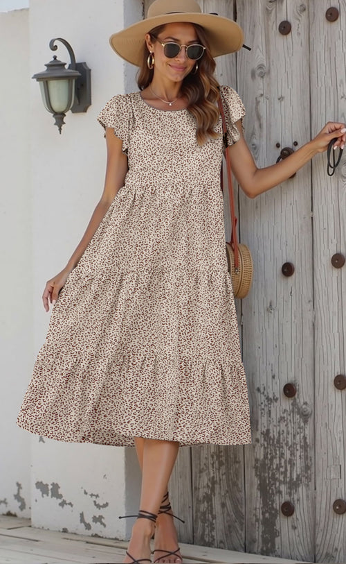 Fantaslook Dresses for Women Summer Casual Boho Dress Floral Print Ruffle Sleeve Midi Beach Dresses