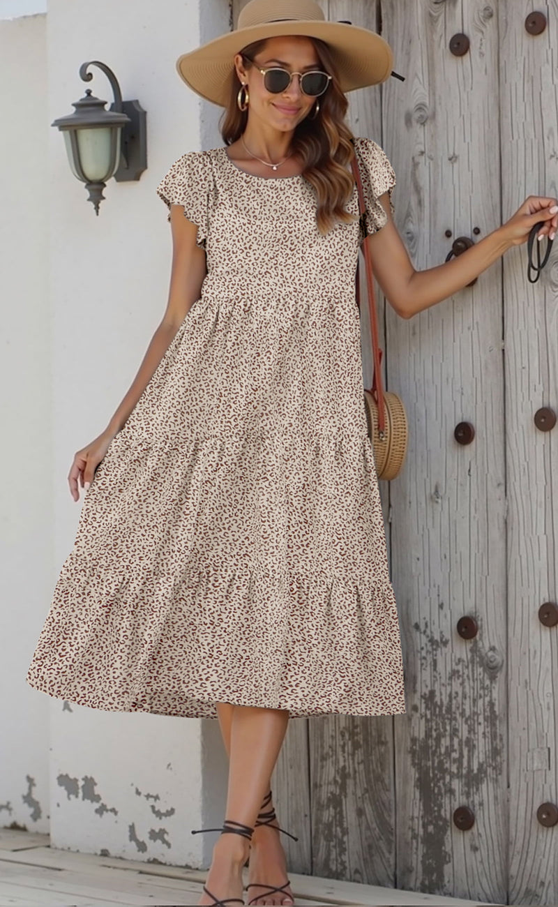 Fantaslook Dresses for Women Summer Casual Boho Dress Floral Print Ruffle Sleeve Midi Beach Dresses