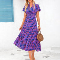 Ruyang Boho Maxi Dress Women's Summer Casual Dress V Neck Short Sleeve Ruffle Ruched Beach Boho Long Floral Maxi Sundress