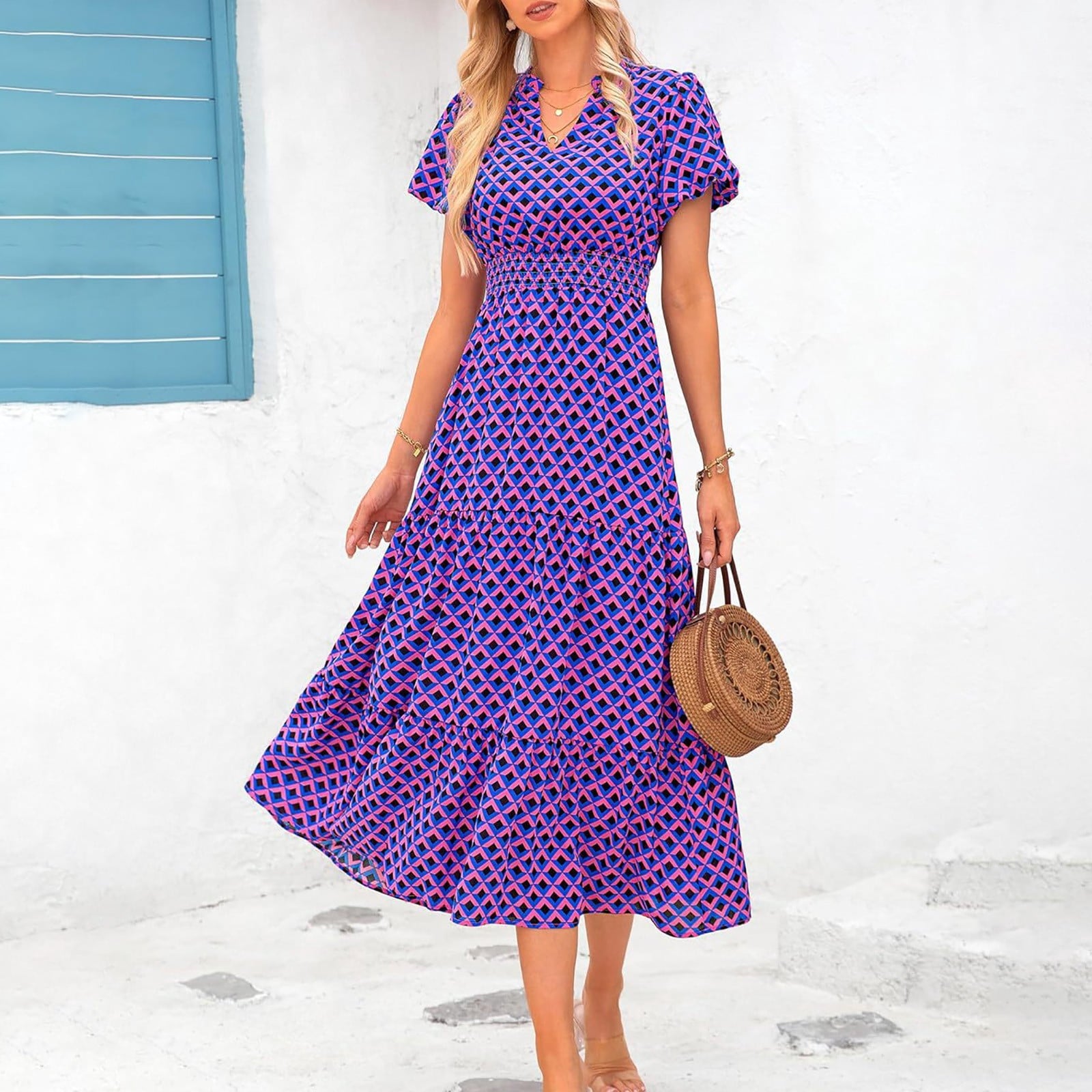 Ruyang Boho Maxi Dress Women's Summer Casual Dress V Neck Short Sleeve Ruffle Ruched Beach Boho Long Floral Maxi Sundress
