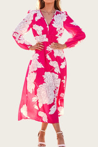 PRETTYGARDEN Women's Spring Floral Midi Dress Casual Fall V Neck Long Sleeve Flowy Beach Wedding Guest Vacation Dresses