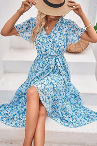 PRETTYGARDEN Women's Floral Boho Dress Wear To Work Wrap V Neck Short Sleeve Belted Ruffle Hem A-Line Flowy Maxi Dresses