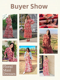 DOKOTOO Women's Red Floral Maxi Dresses Casual Deep V Neck Long Sleeve Evening Dress Cocktail Party Dress for Women, US 8-10(M)