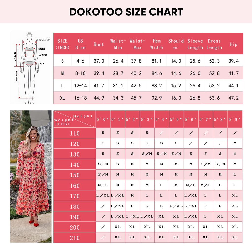 DOKOTOO Women's Red Floral Maxi Dresses Casual Deep V Neck Long Sleeve Evening Dress Cocktail Party Dress for Women, US 8-10(M)