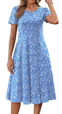 Fantaslook Summer Dresses for Women Casual Short Sleeve Pleated Dress Flowy Floral Dress with Pockets Flare Midi Sundress