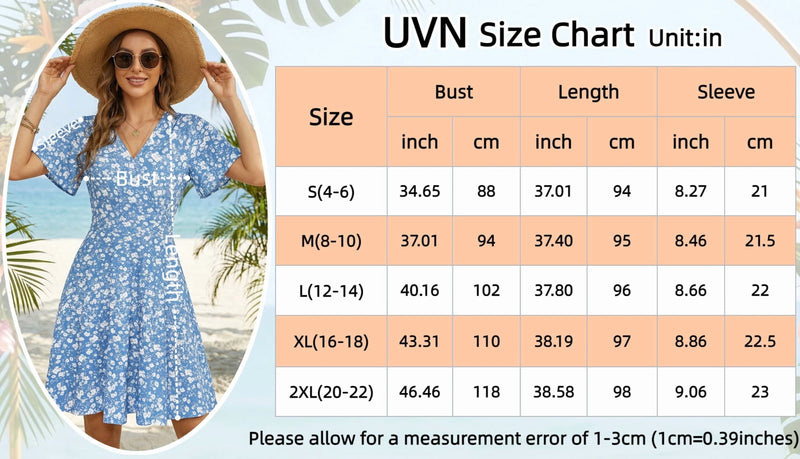 UVN Summer Dresses for Women Short Sleeve V Neck A-Line Midi Dress Boho Beach Floral Print Sundress