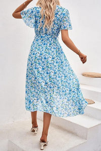 PRETTYGARDEN Women's Floral Boho Dress Wear To Work Wrap V Neck Short Sleeve Belted Ruffle Hem A-Line Flowy Maxi Dresses
