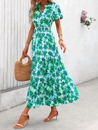 PRETTYGARDEN Summer Maxi Dress for Women Casual Wear To Work V Neck Puff Short Sleeve Smocked Ruffle Flowy Beach Boho Long Floral Dress