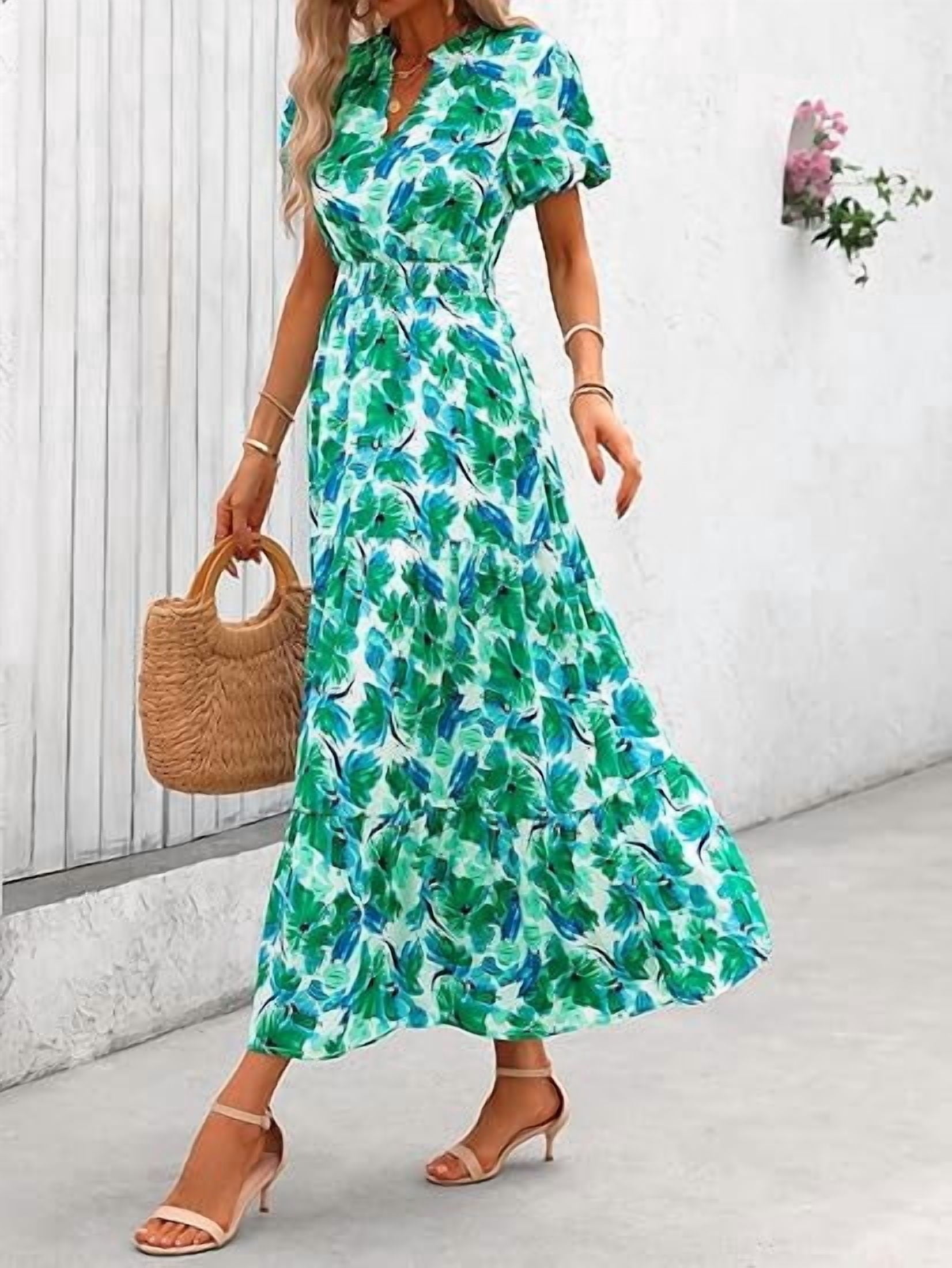 PRETTYGARDEN Summer Maxi Dress for Women Casual Wear To Work V Neck Puff Short Sleeve Smocked Ruffle Flowy Beach Boho Long Floral Dress