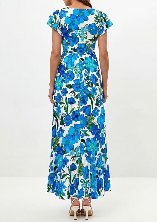 PRETTYGARDEN Womens Summer Floral Maxi Dresses Spring Short Sleeve Ruffle V Neck Flowy Boho Long Beach Vacation Sundress