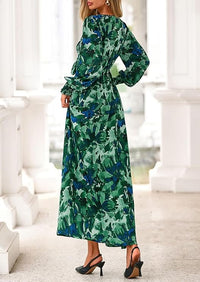 PRETTYGARDEN Women's Fall Boho Maxi Dress Floral Long Sleeve V Neck Flowy Belted Elegant Holiday Party Dresses