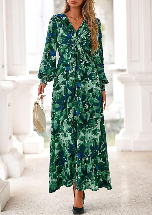 PRETTYGARDEN Women's Fall Boho Maxi Dress Floral Long Sleeve V Neck Flowy Belted Elegant Holiday Party Dresses
