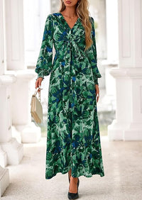 PRETTYGARDEN Women's Fall Boho Maxi Dress Floral Long Sleeve V Neck Flowy Belted Elegant Holiday Party Dresses