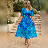 IDOPIP Womens Summer Short Sleeve V Neck Wrap Maxi Dress Casual Boho Floral Wedding Guest Dresses
