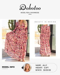 DOKOTOO Women's Red Floral Maxi Dresses Casual Deep V Neck Long Sleeve Evening Dress Cocktail Party Dress for Women, US 8-10(M)