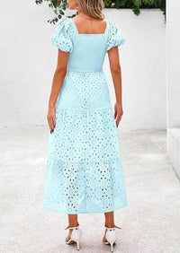 PRETTYGARDEN Summer Dresses for Women Eyelet Square Neck Puff Sleeve Smocked Wedding Guest Maxi Dress with Pockets