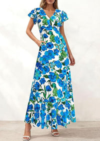 PRETTYGARDEN Womens Summer Floral Maxi Dresses Spring Short Sleeve Ruffle V Neck Flowy Boho Long Beach Vacation Sundress