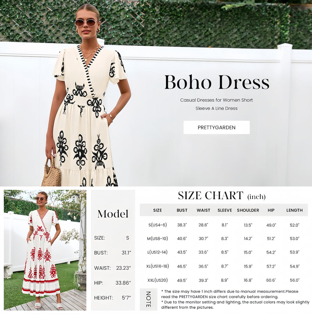 PRETTYGARDEN Womens Summer Casual V Neck Boho Maxi Dress Flowy Aline Bell Sleeve Tiered Floral Dresses with Pocket