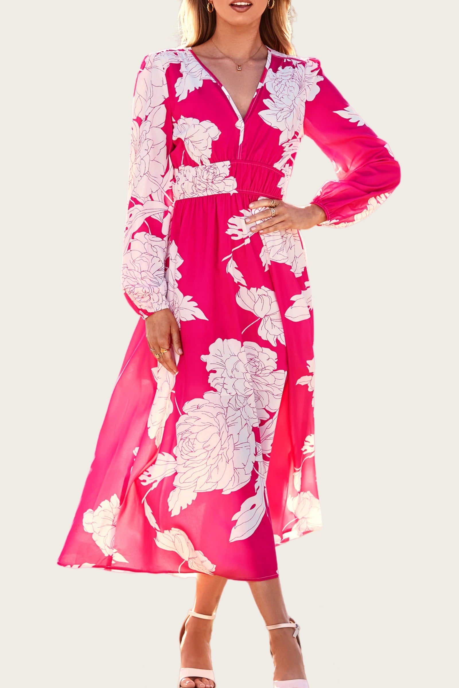 PRETTYGARDEN Women's Spring Floral Midi Dress Casual Fall V Neck Long Sleeve Flowy Beach Wedding Guest Vacation Dresses