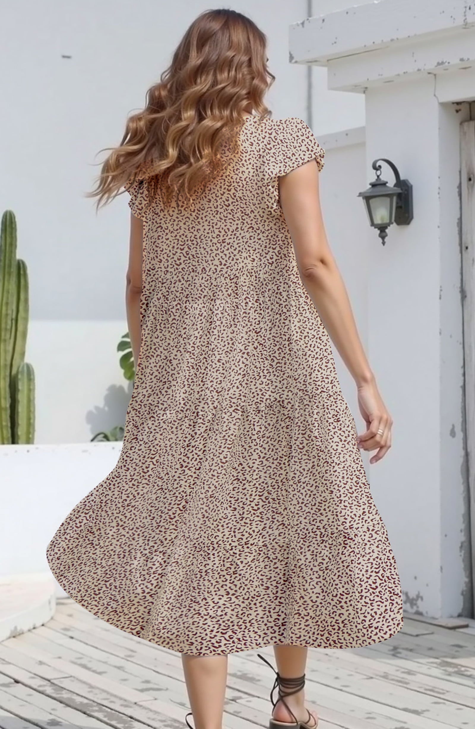 Fantaslook Dresses for Women Summer Casual Boho Dress Floral Print Ruffle Sleeve Midi Beach Dresses