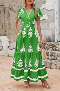 PRETTYGARDEN Womens Summer Casual V Neck Boho Maxi Dress Flowy Aline Bell Sleeve Tiered Floral Dresses with Pocket