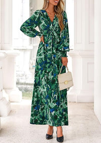 PRETTYGARDEN Women's Fall Boho Maxi Dress Floral Long Sleeve V Neck Flowy Belted Elegant Holiday Party Dresses