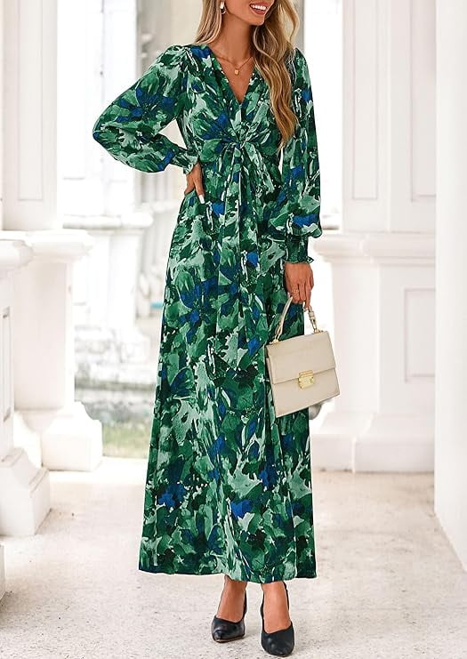 PRETTYGARDEN Women's Fall Boho Maxi Dress Floral Long Sleeve V Neck Flowy Belted Elegant Holiday Party Dresses